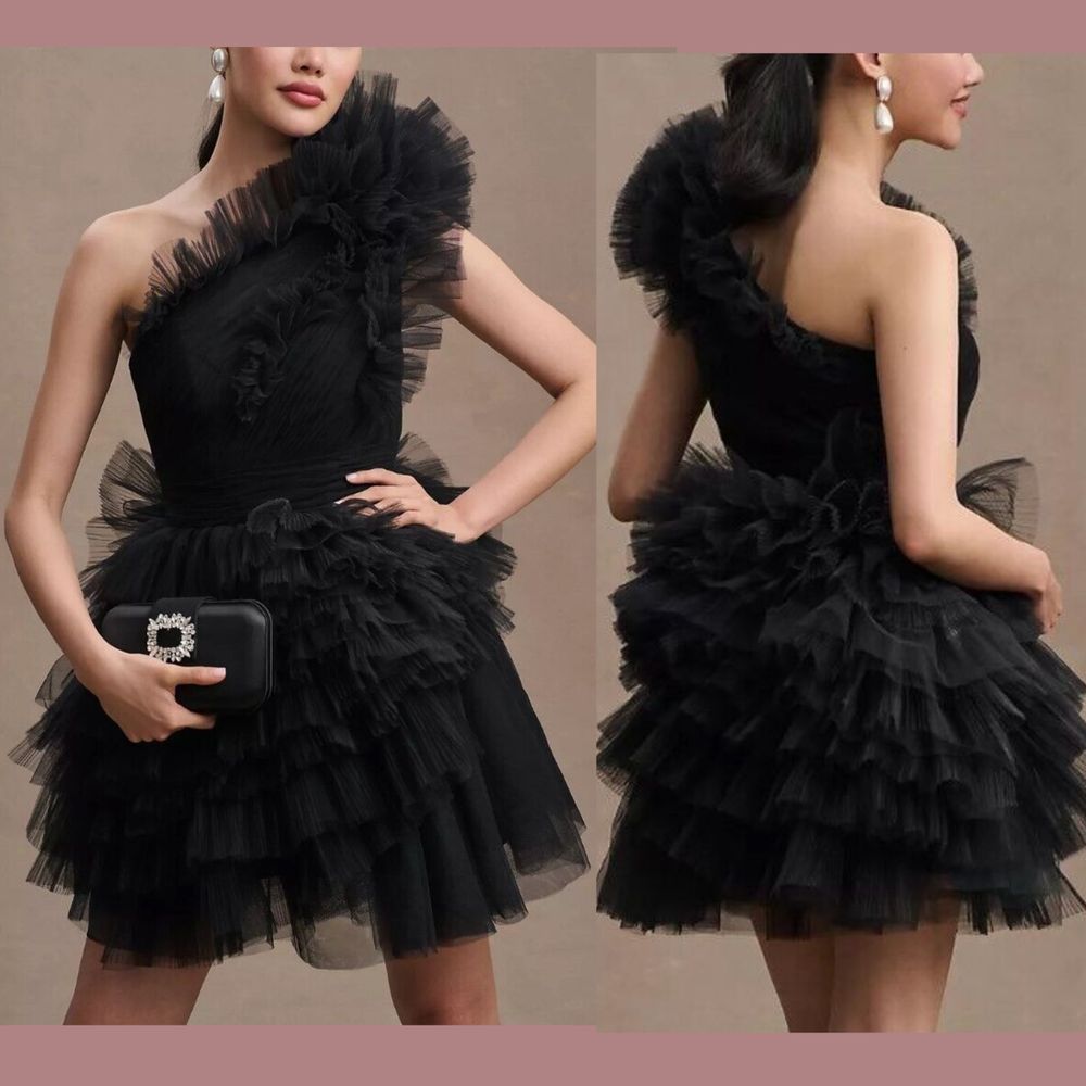 Nwt $698 Mac Duggal [ 2 ] 20600 Tulle Ruffle One Shoulder Mini Dress Black Q903